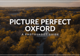 Scenic fall image of bridges on Oxford Area Trails with text Picture Perfect Oxford, a photoshoot guide