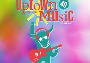 Uptown Music logo on tie-dye background